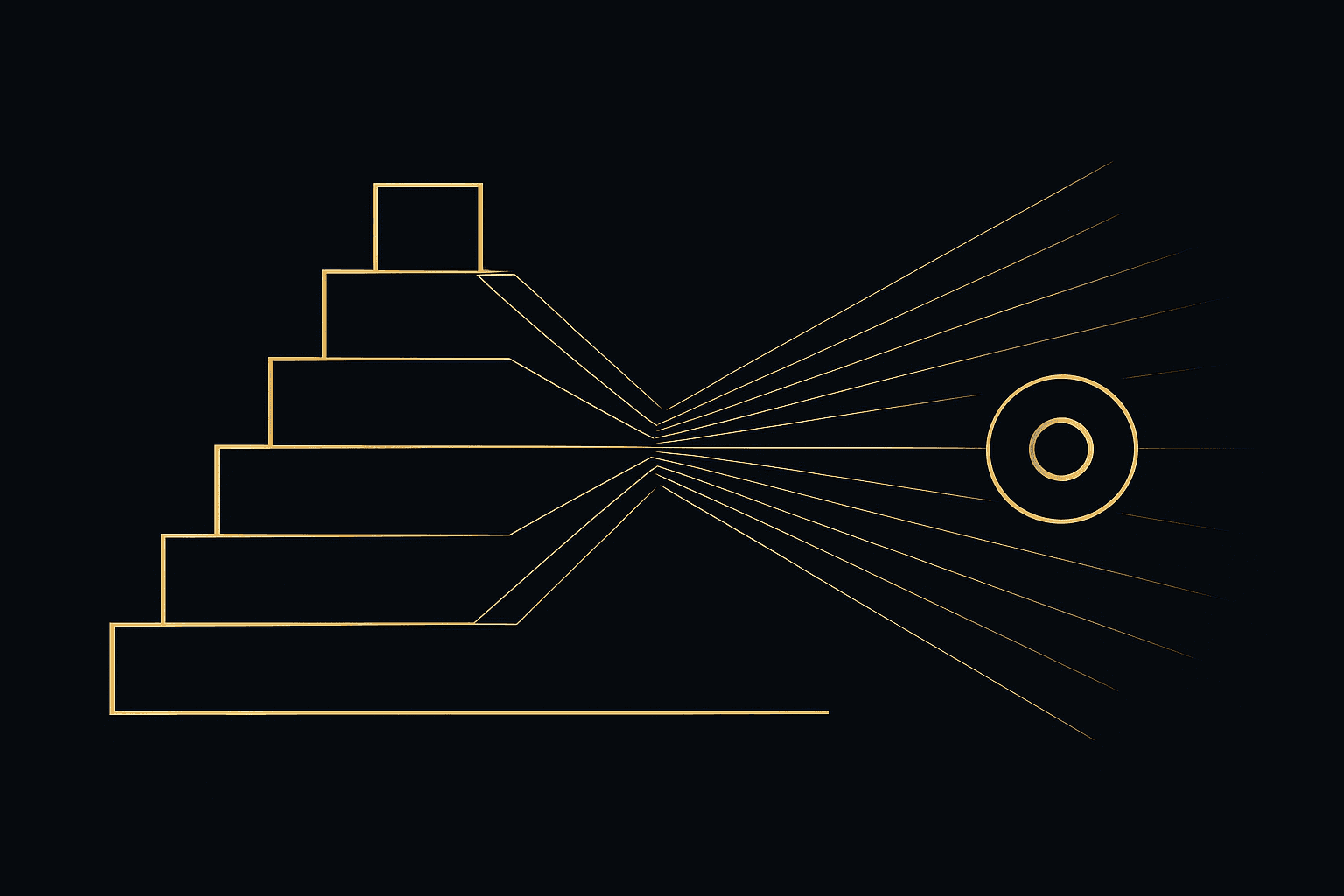Abstract dark interface with gold signal lines converging into a single node, representing AI-run ad delivery