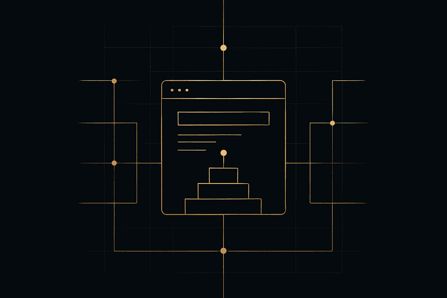 Abstract dark composition with gold concentric nodes converging on a central panel