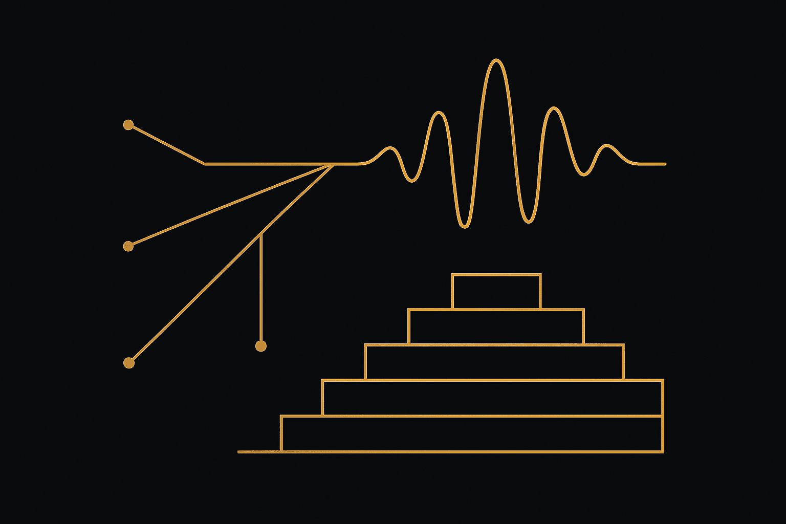 Abstract dark composition with gold waveform and signal lines on a deep matte background