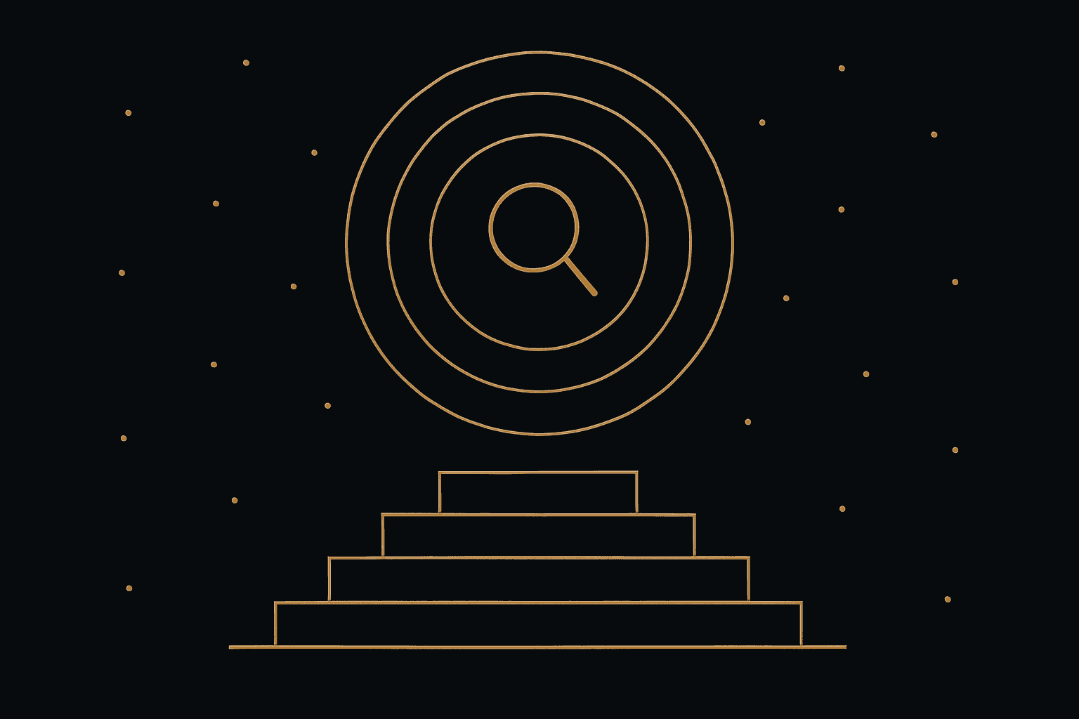 Abstract dark composition with gold concentric search rings and node connections